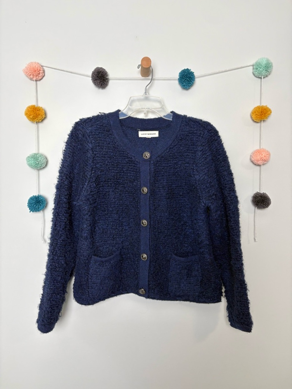 Lucky Brand Womens Raglan Sleeve Bouclé Cardigan Navy Cardigan
